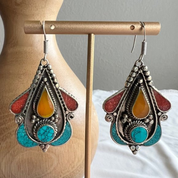 Tribal Boho Style Tibetan Silver Turquoise Coral Copal Amber Inlay Earrings - Picture 1 of 12